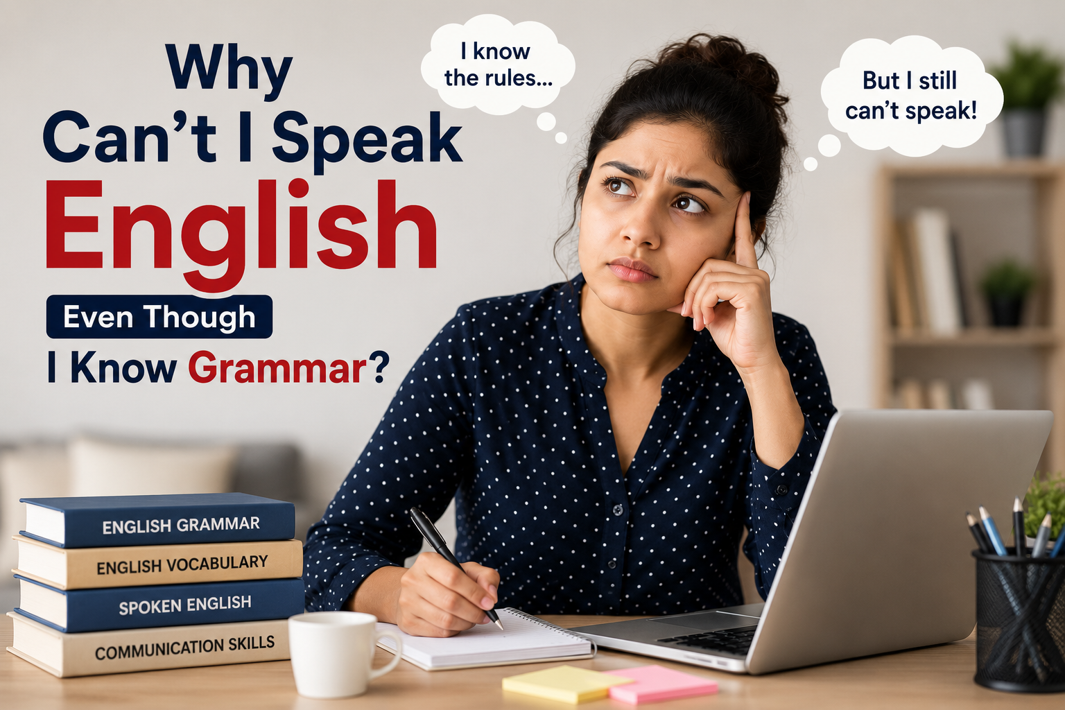 A professional English learner wondering why they know grammar but still struggle to speak English confidently.
