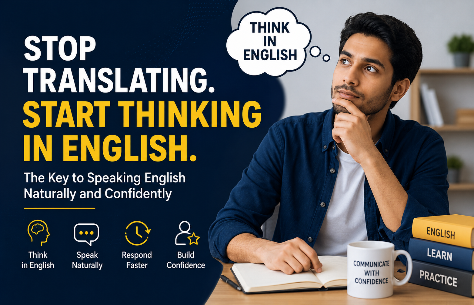 Professional English learner thinking in English instead of translating to improve spoken English and communication skills.