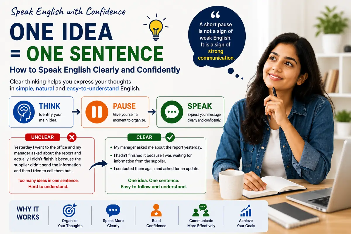 English learner using the One Idea = One Sentence method to organize thoughts and speak English clearly and confidently.