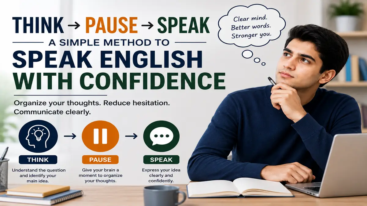 English learner using the Think, Pause, Speak method to organize thoughts and speak English with confidence.